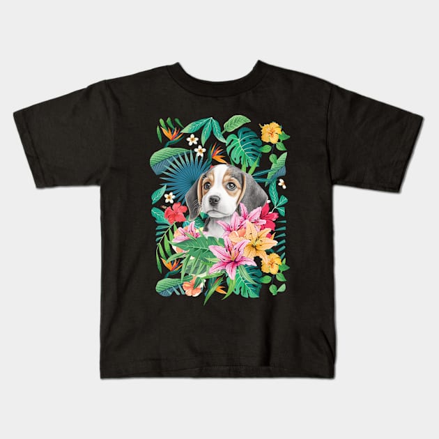 Tropical Beagle Puppy 1 Kids T-Shirt by LulululuPainting